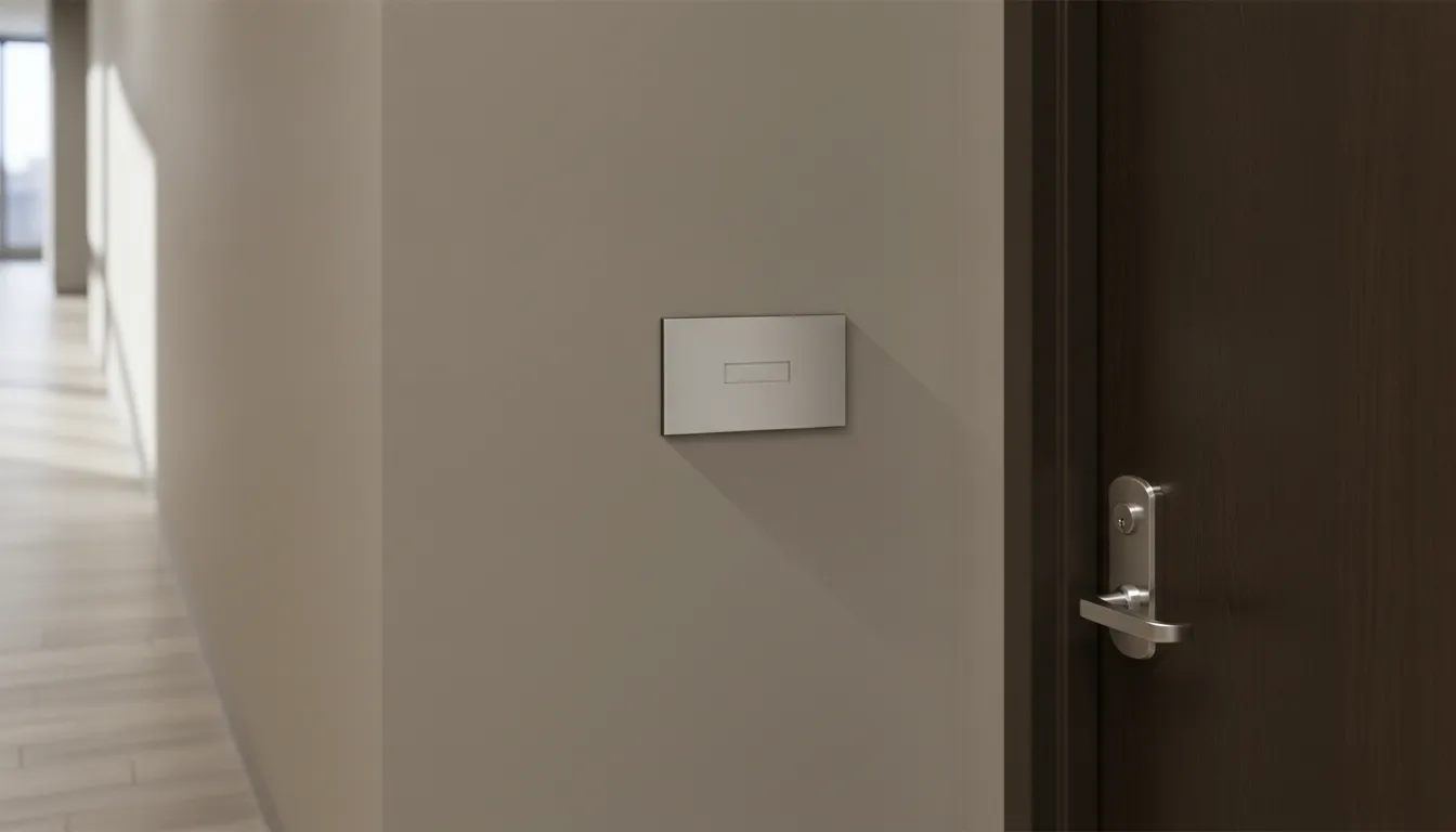 Small wall plaque mounted on the latch side of a commercial office door
