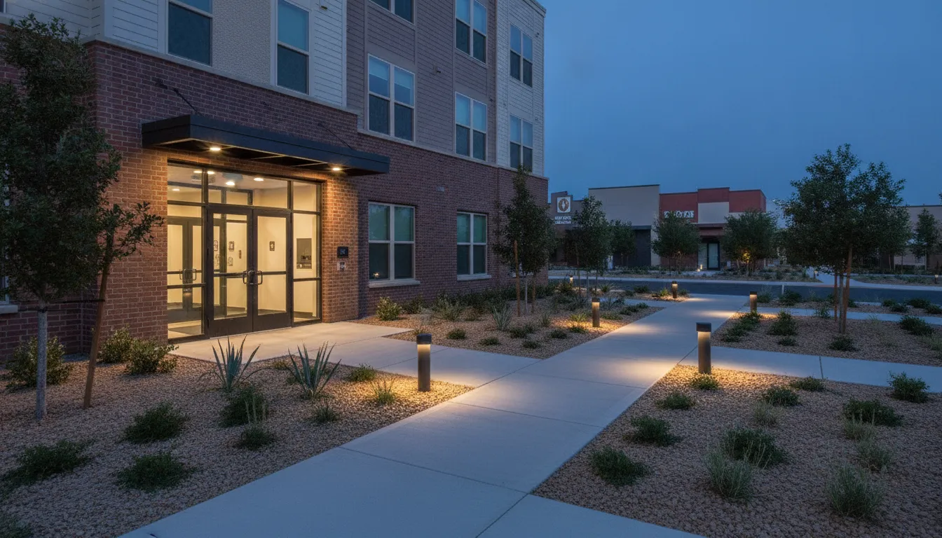 Illuminated multifamily community entrance at blue hour
