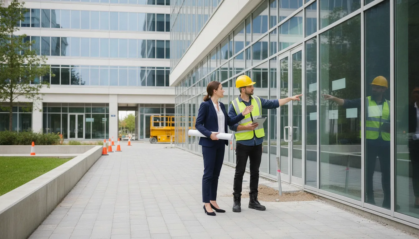 Project team reviewing a commercial building facade and planning sign removal closeout