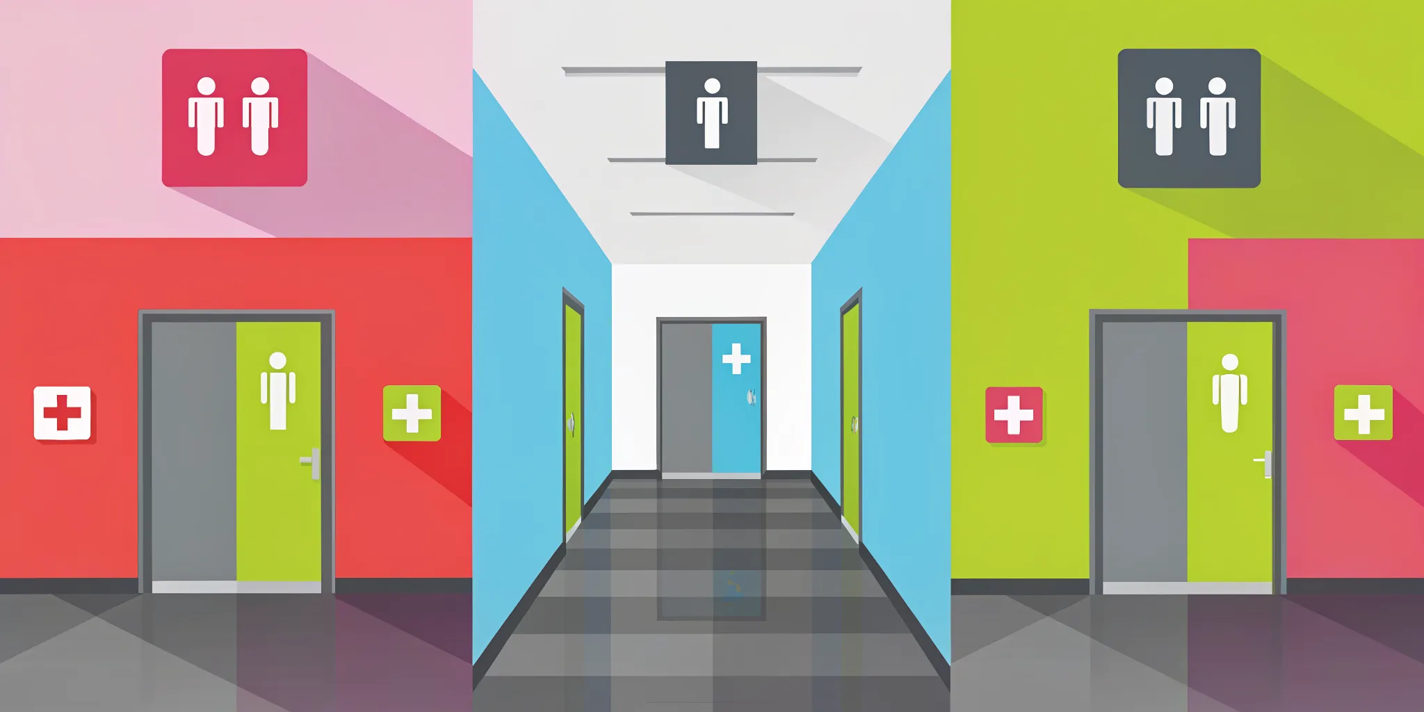 Modern hospital corridor with clear wayfinding signage system directing patients through a professional healthcare environment