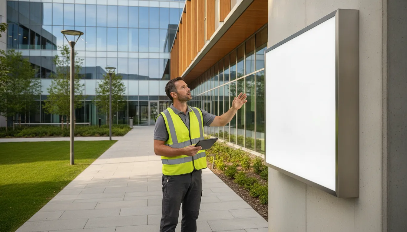 Facilities professional inspecting commercial sign installation