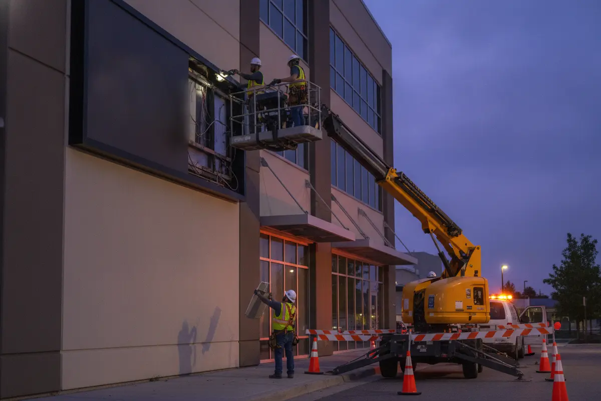Installation crew coordinating commercial sign repair