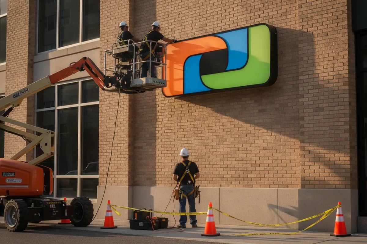 Installation crew positioning an illuminated commercial sign