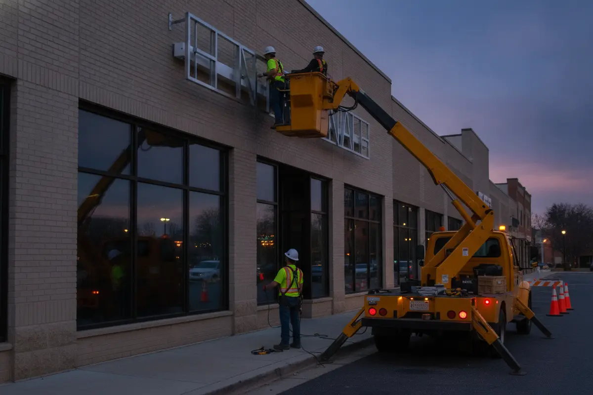 Installation crew positioning illuminated retail storefront letters
