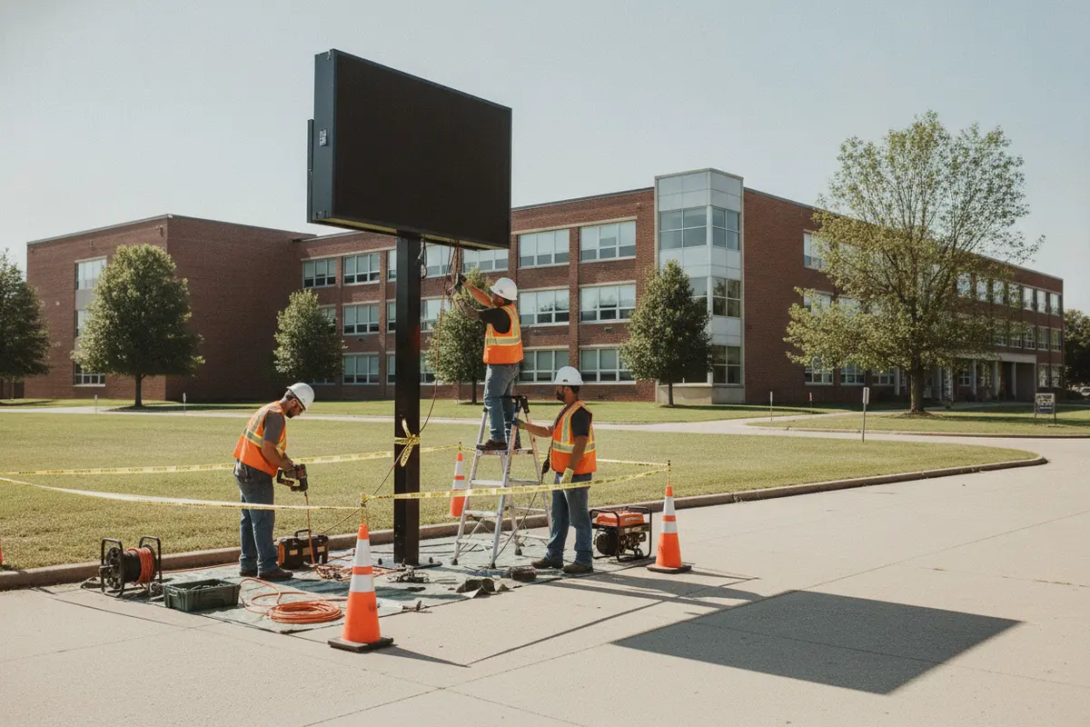 Installation crew setting up a digital message board at a school campus