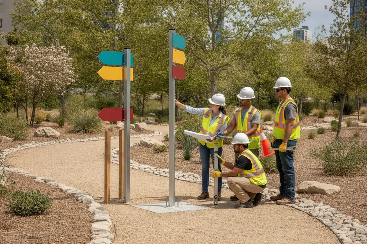 Installation team coordinating a large outdoor directional sign location before work begins