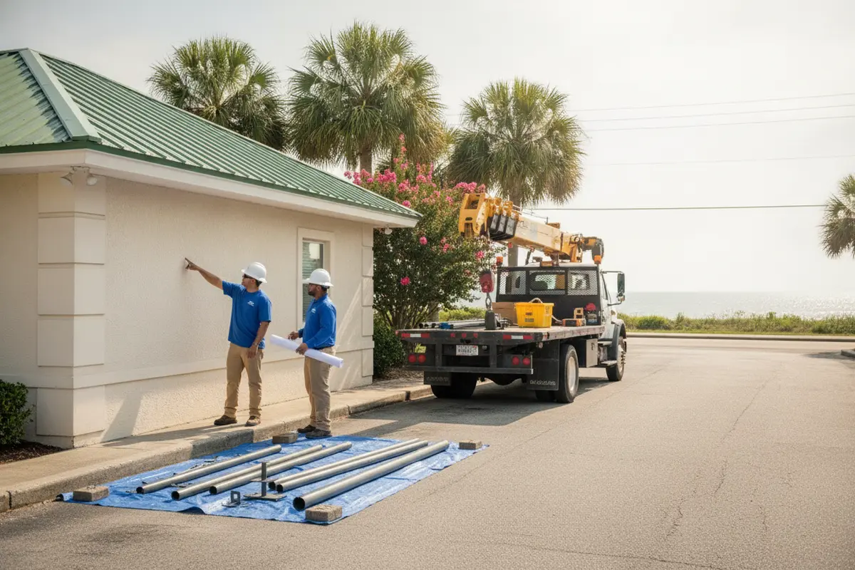 Installation team planning safe equipment access beside a commercial building