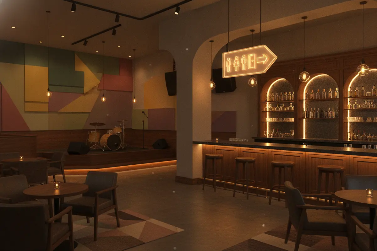 Interior branding and directional signs in an entertainment venue