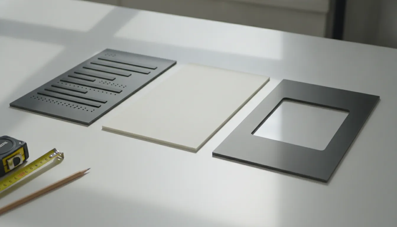 Three matte sign samples on a shop table: a raised-character plaque, a flat panel, and a window plaque