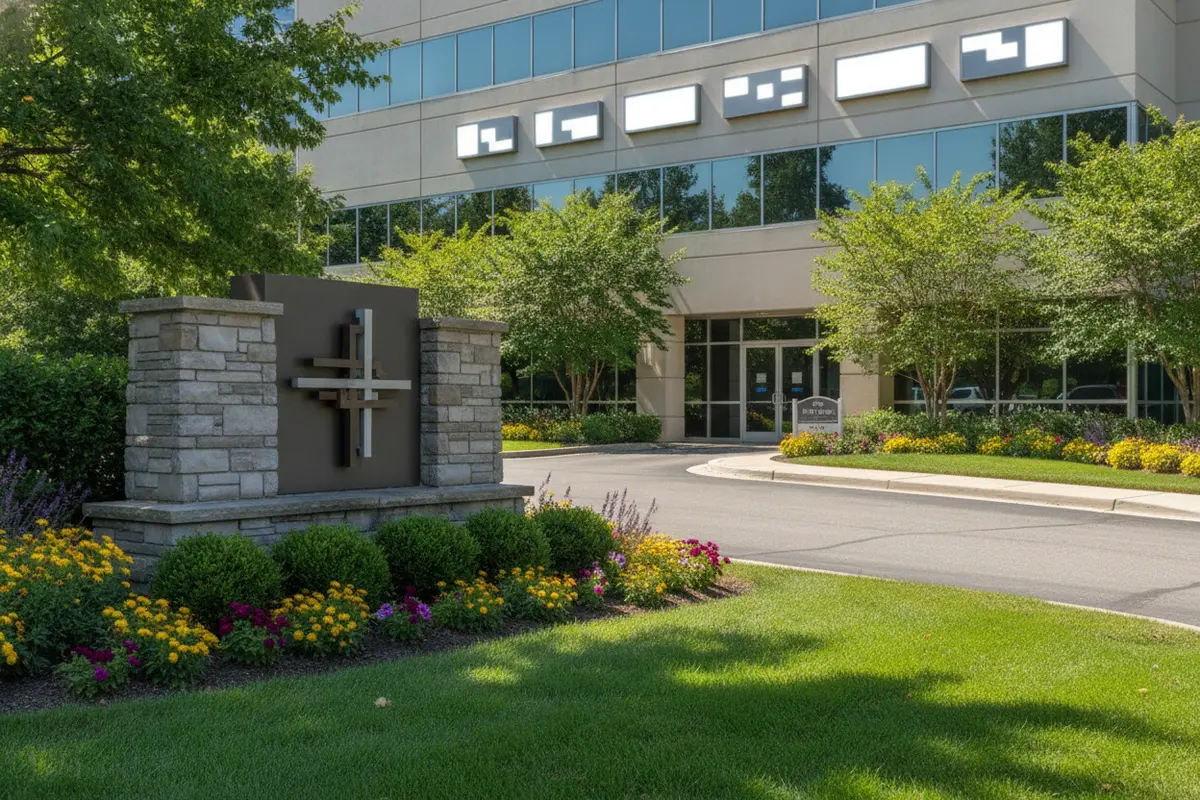 Monument and building signs working together at a commercial property entrance