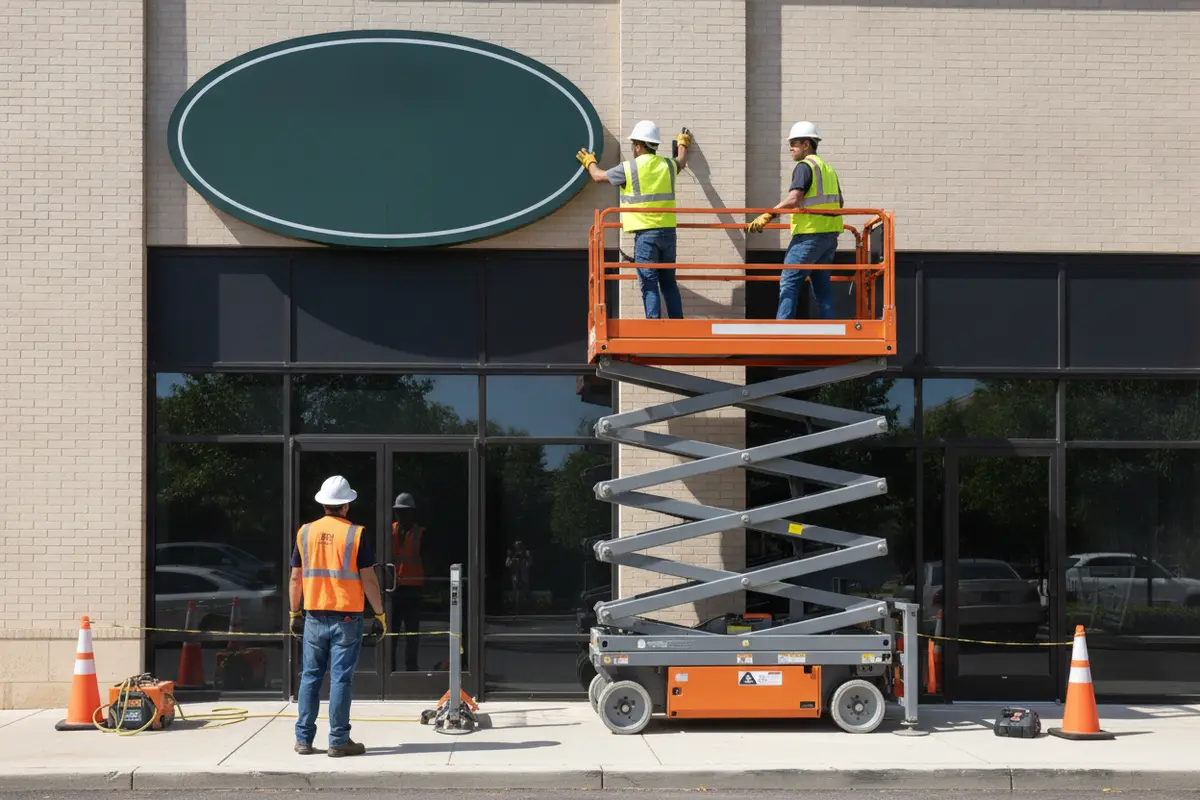 Professional installation crew positioning a commercial sign at a property