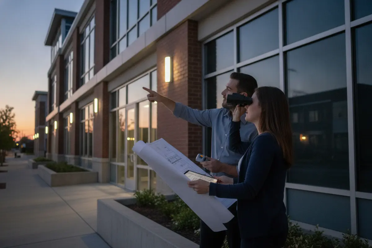 Project team reviewing a building facade for illuminated sign placement
