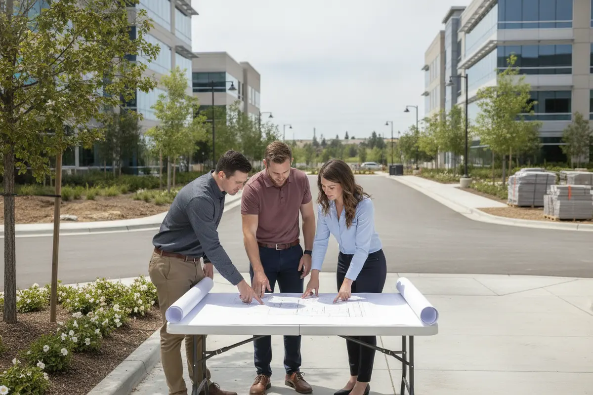 Project team reviewing a business park sign location and site plan