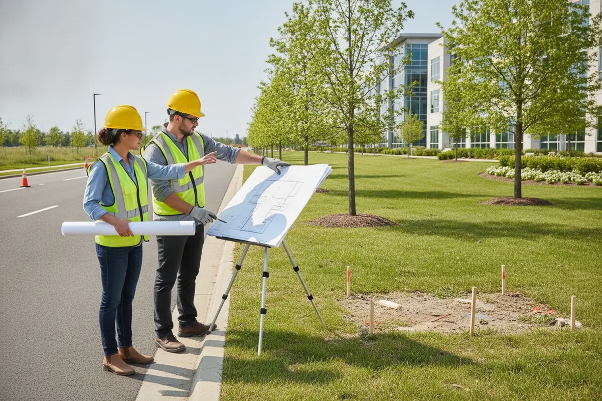 Project team reviewing a commercial entrance and proposed monument sign location