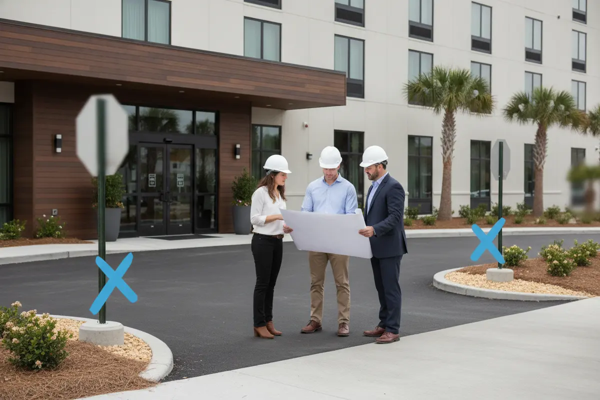 Facilities and design leads reviewing office sign locations at a commercial entrance