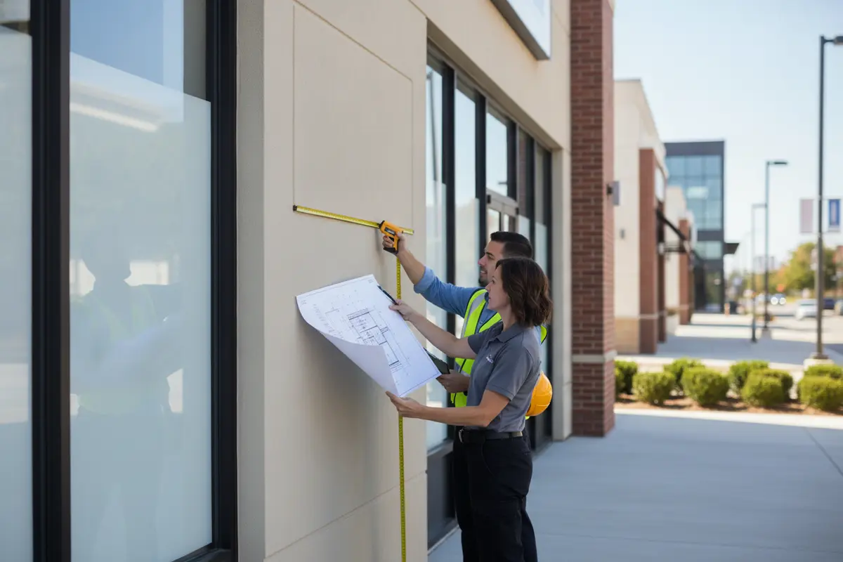 Project team reviewing a retail storefront sign location before fabrication