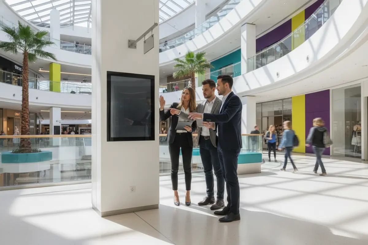 Project team reviewing an interactive wayfinding display location in a shopping mall