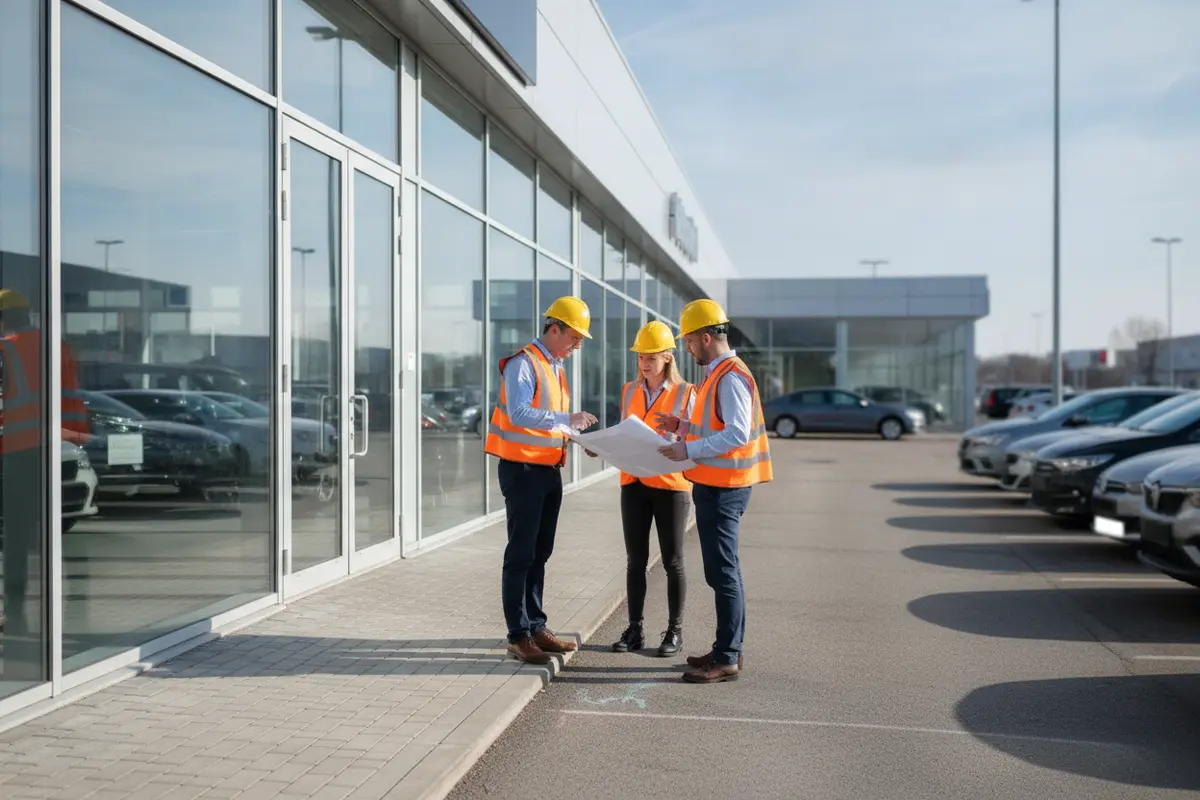Project team reviewing a dealership signage work area