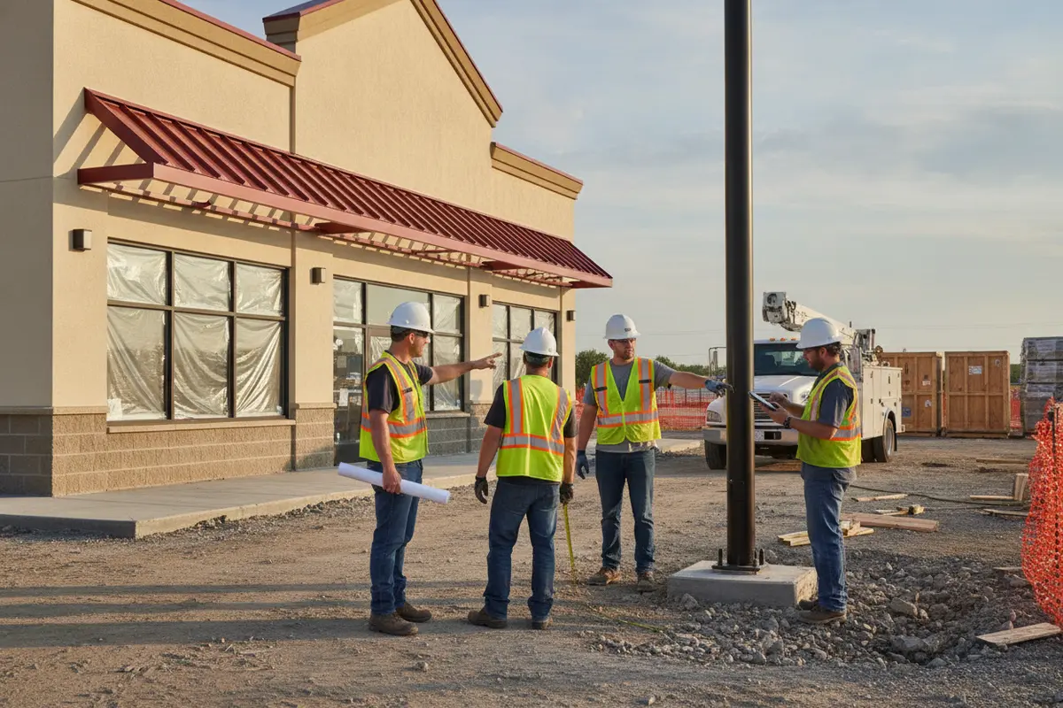 Project team reviewing sign installation access and construction sequencing at a convenience store site