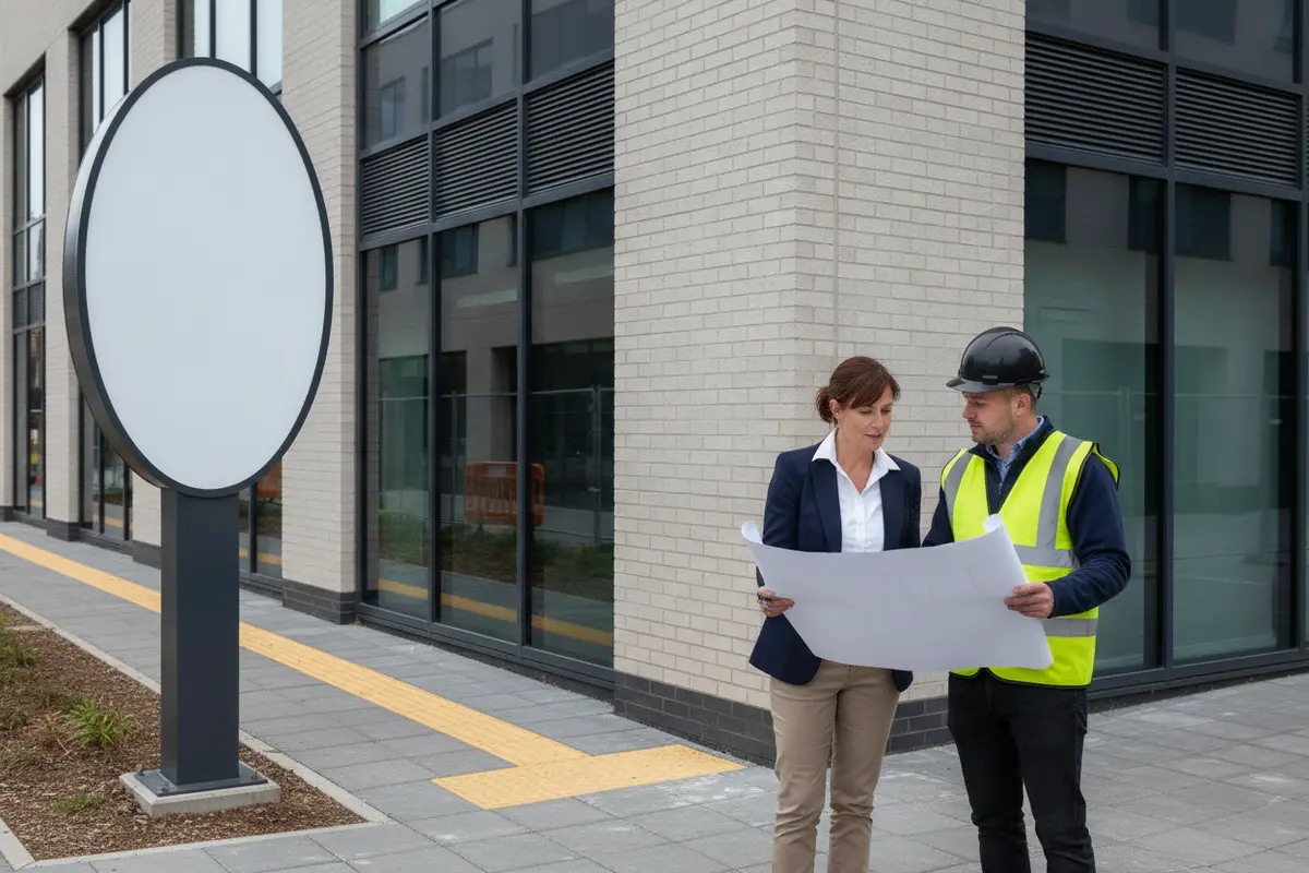 Project team reviewing sign visibility and site access at a commercial property