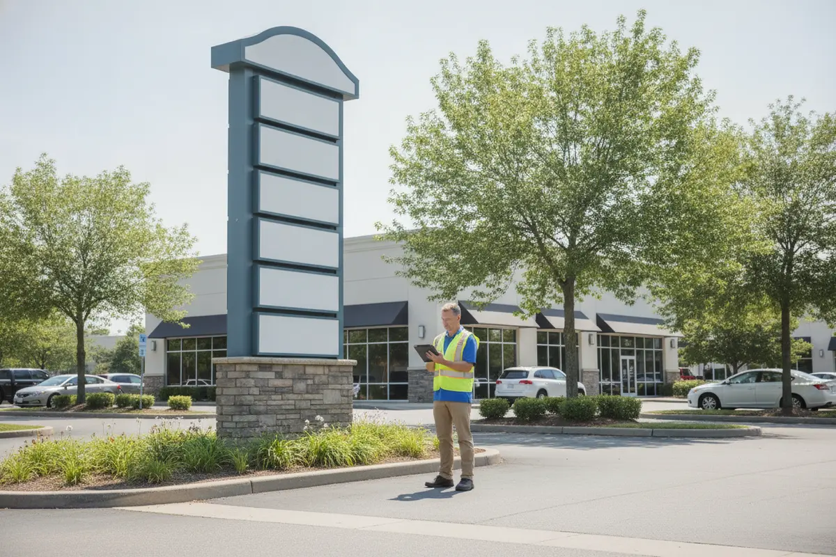 Property manager documenting a pylon sign and its tenant panels from a safe ground-level location