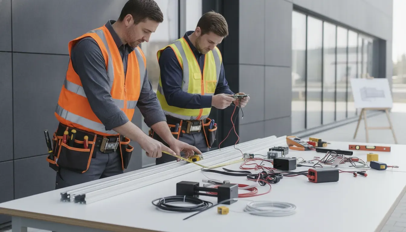 Commercial installation team reviewing a raceway and electrical components
