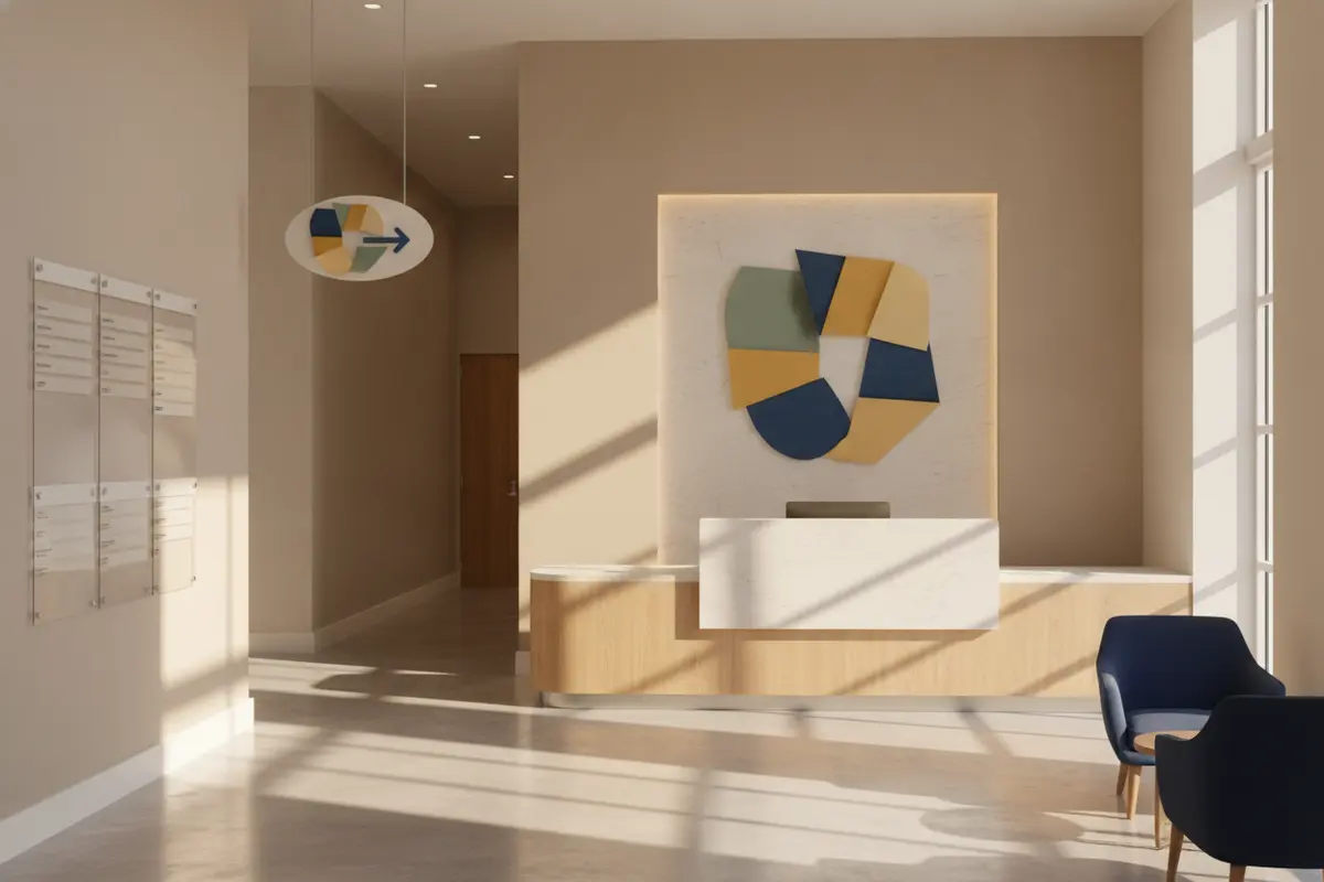 Reception branding and coordinated directory signage in a commercial lobby