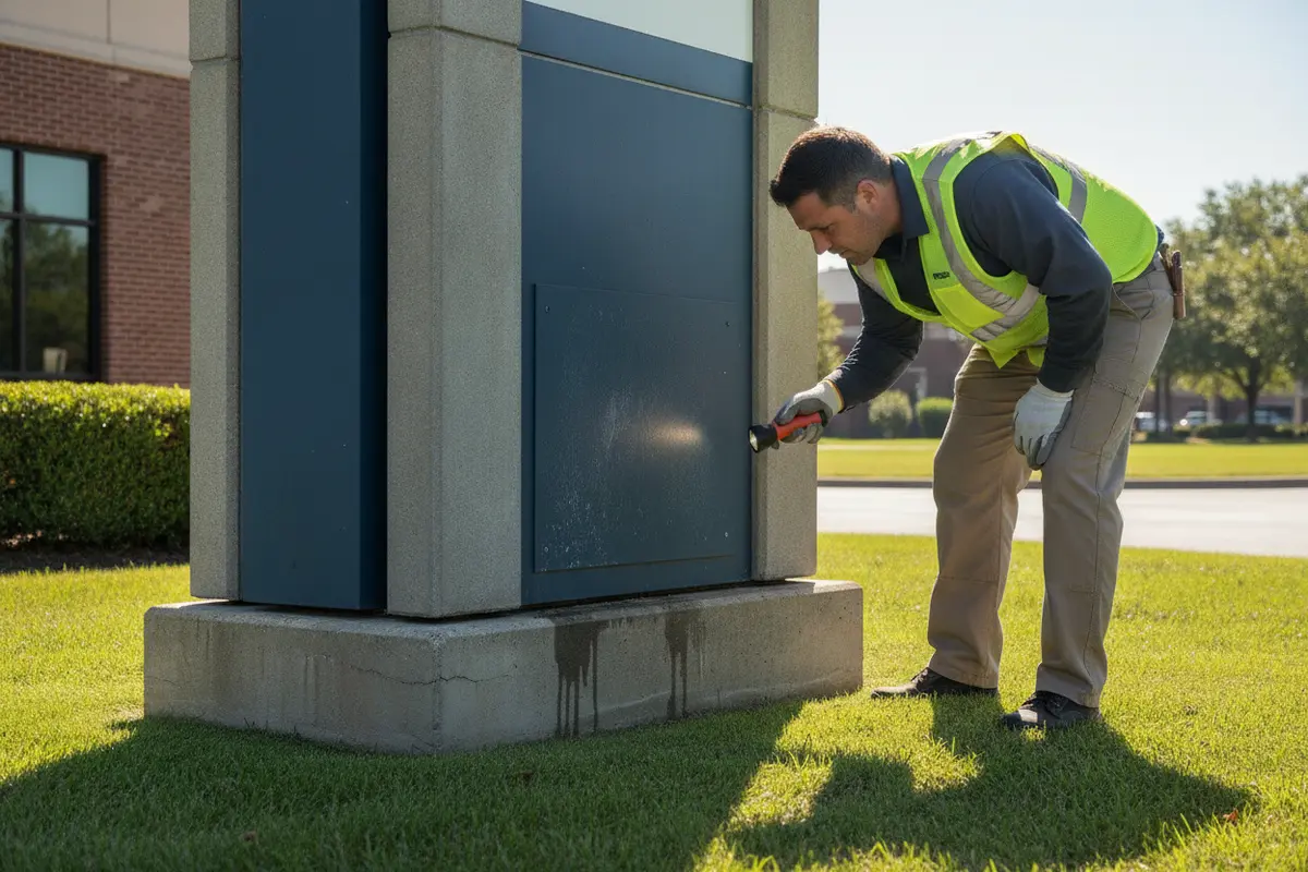 Sign professional visually checking the base and cabinet of an outdoor monument sign