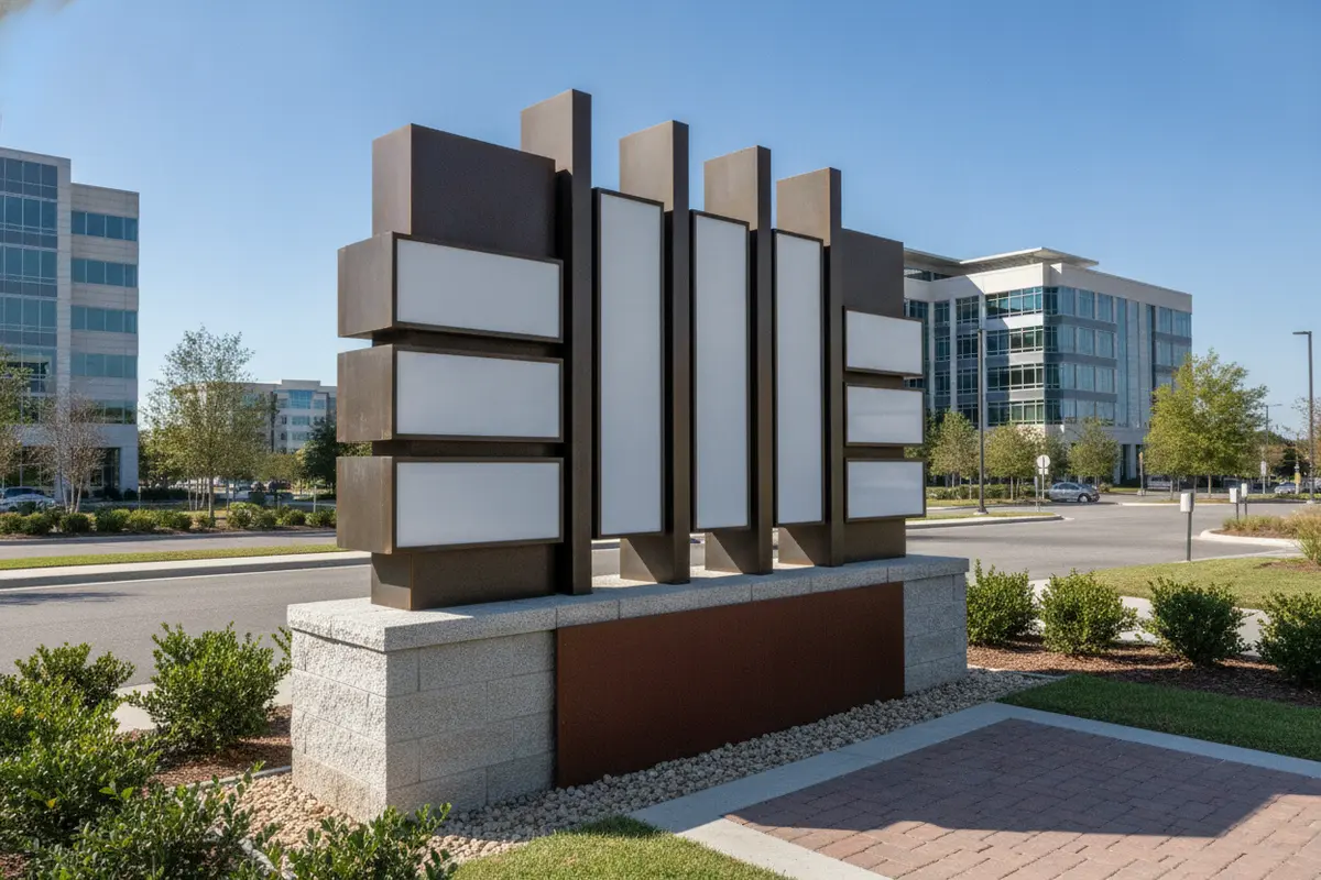 Stone and metal business park monument sign beside a landscaped entrance