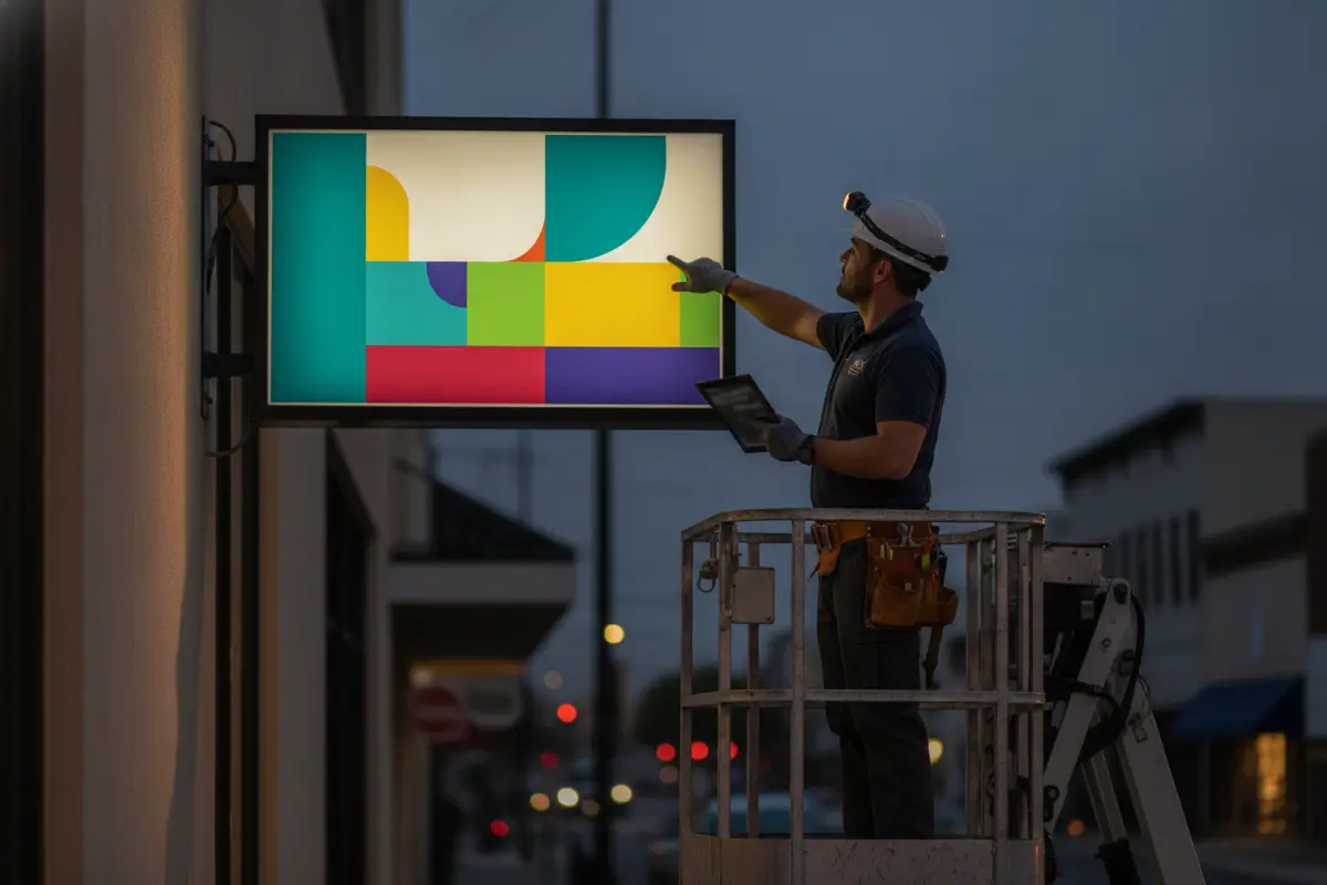 Technician assessing damage to a commercial illuminated sign