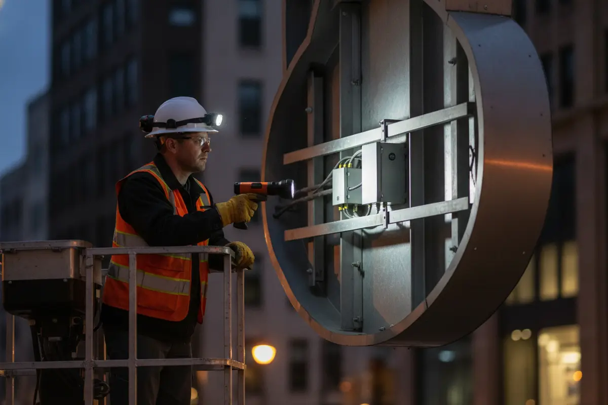 Technician inspecting the mounting structure of a commercial building sign