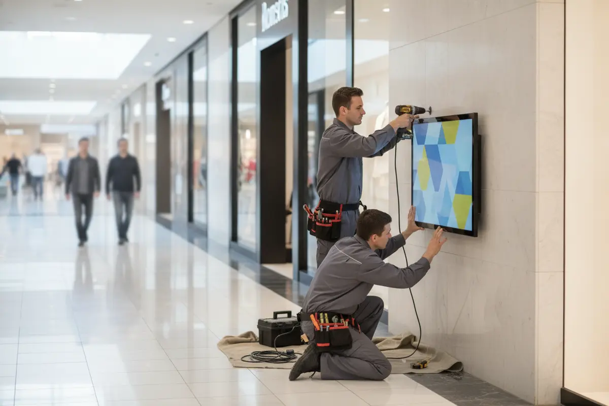 Technicians installing a durable interactive wayfinding display in a mall corridor