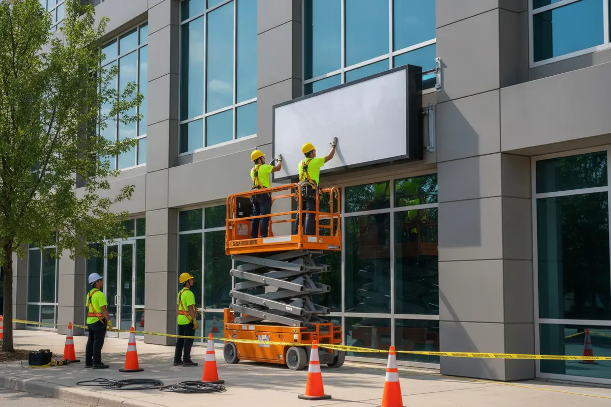 Technicians positioning a commercial cabinet sign at a building