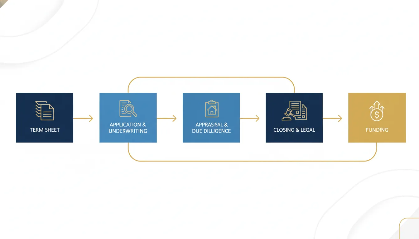 Five-stage DSCR loan closing process from term sheet to funding