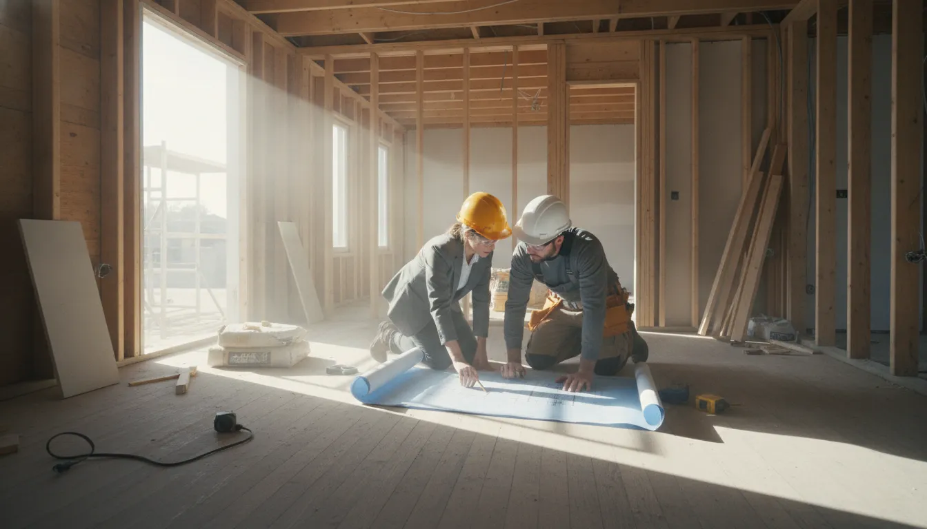 Investor and contractor reviewing an acquisition rehab loan renovation plan