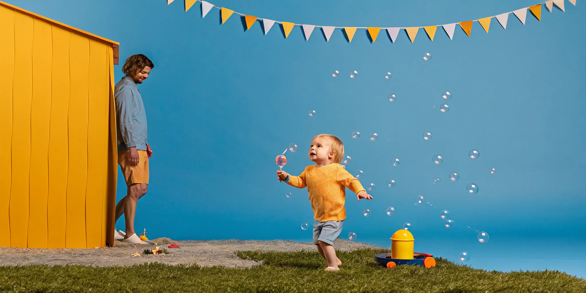 Toddler chasing floating bubbles at a backyard bubble party with a bubble machine