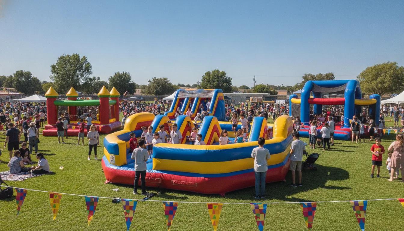 Students playing in inflatable bounce houses and an obstacle course at a Massachusetts school carnival