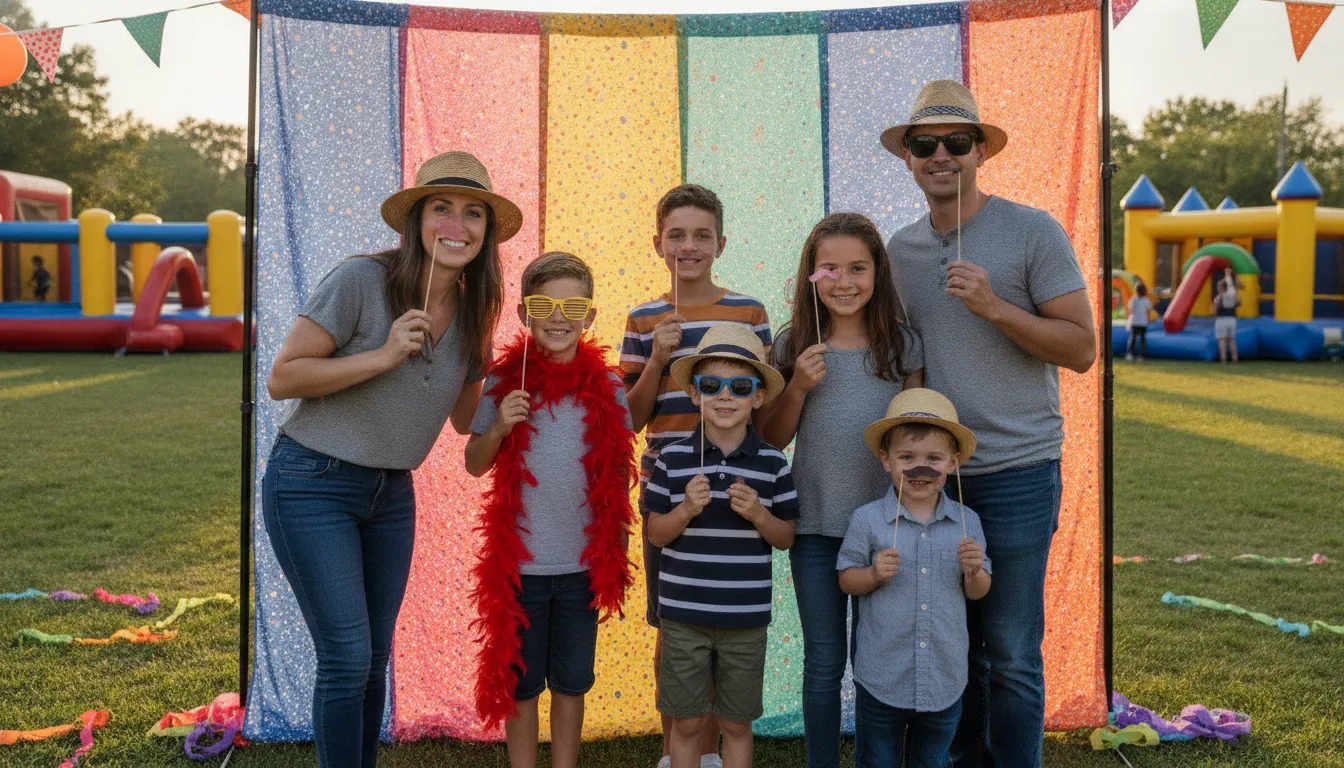 Families taking photos together at a school carnival photo booth station