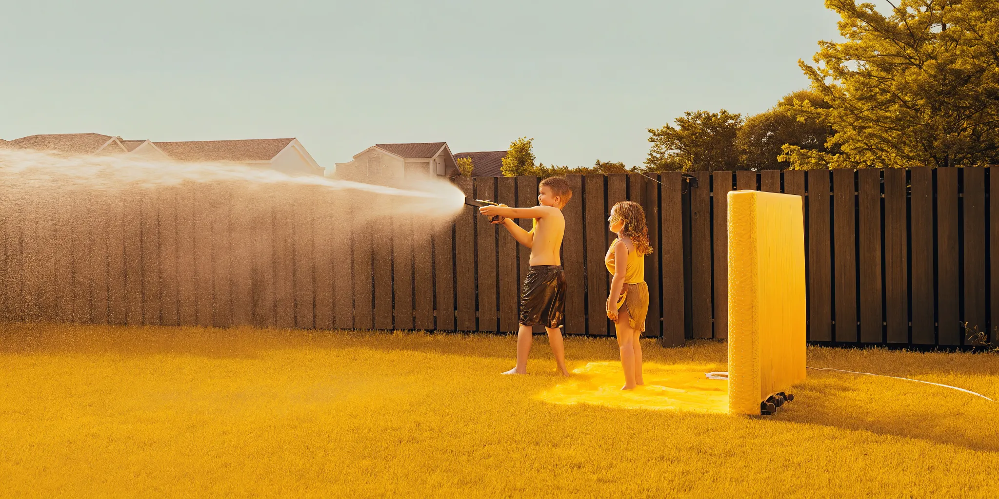 Professional foam machine spraying soft white foam into a grassy backyard with children playing at a Massachusetts foam party