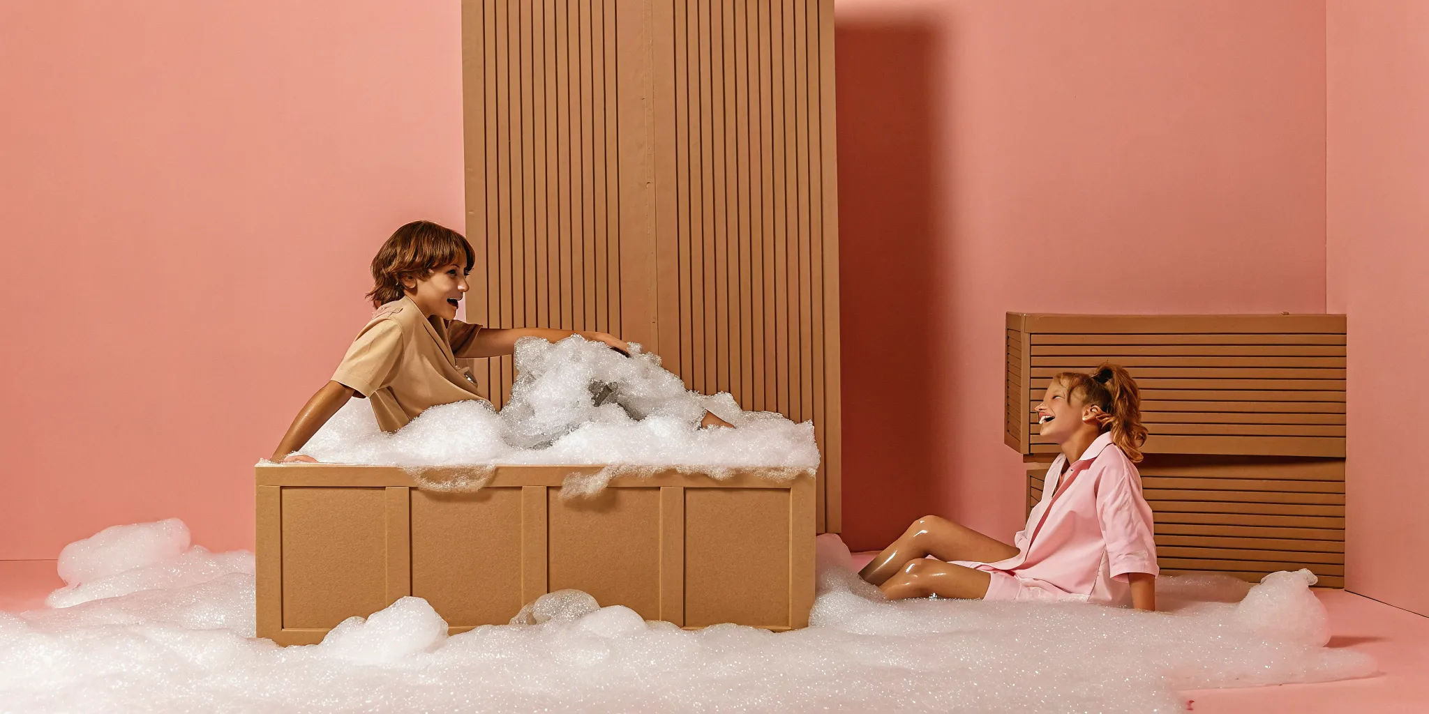Children laughing and playing in a safe foam party setup on a grassy lawn with professional equipment on a sunny summer day