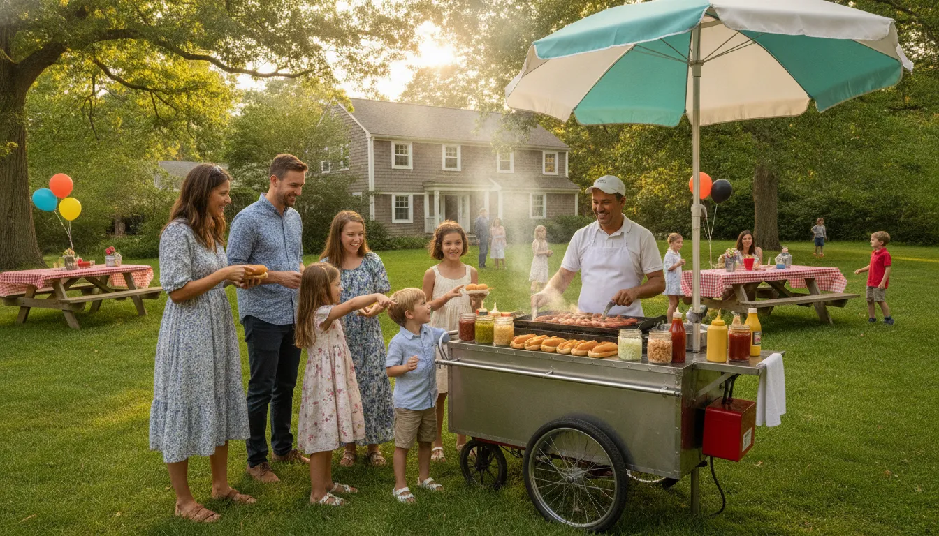 Hot dog cart rental Rhode Island setup serving guests at a backyard event