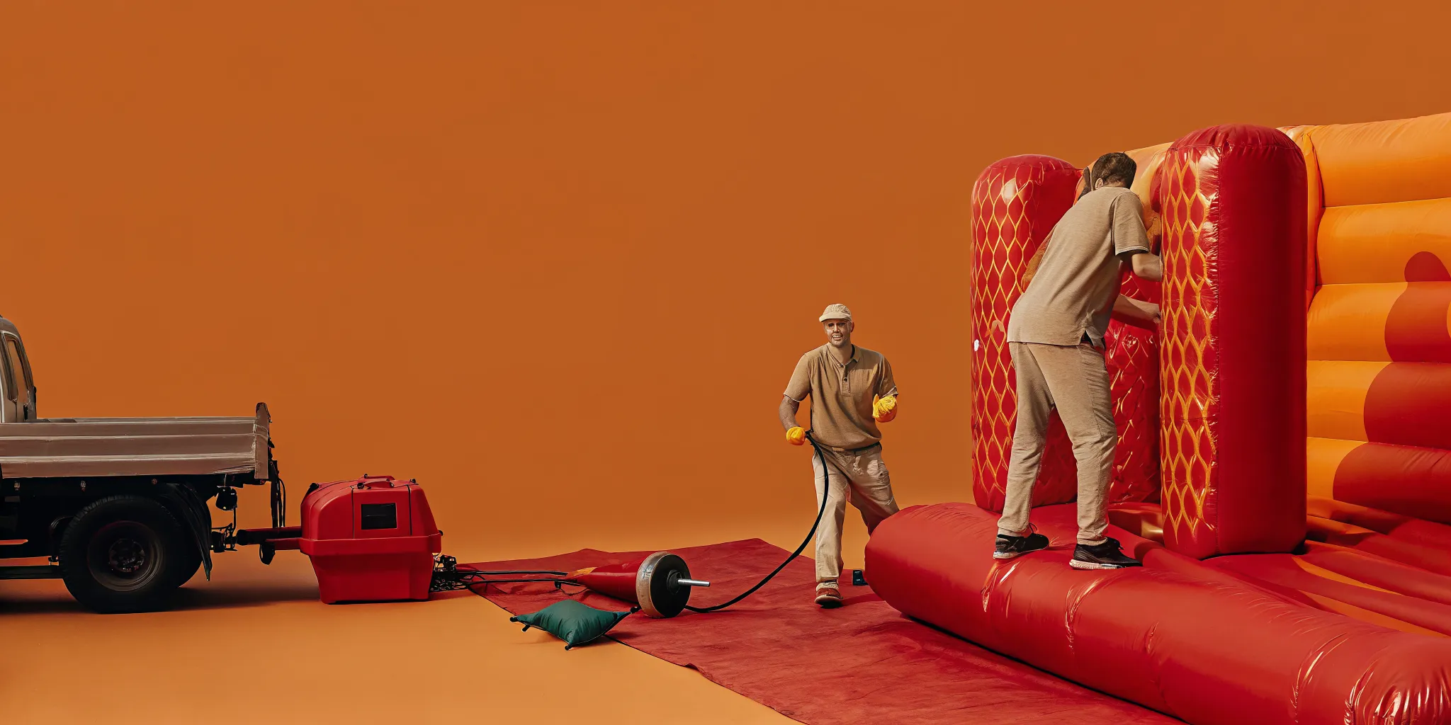 AJT Bounce professional delivery team setting up an inflatable obstacle course with stakes and safety mats on a grassy field