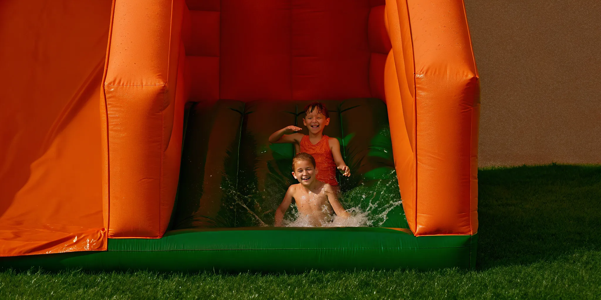 Kids enjoying a large inflatable water slide at a Rhode Island summer party