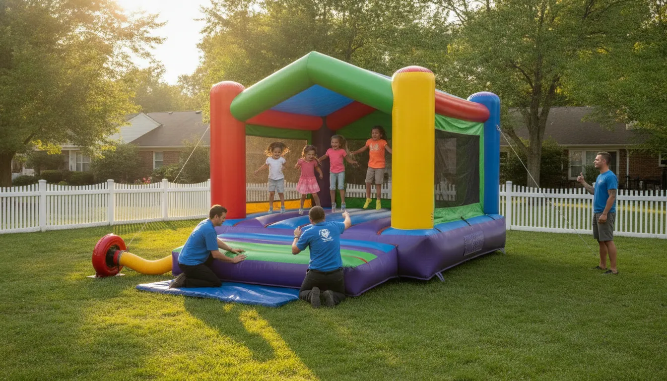 A colorful inflatable bounce house rental set up in a sunny backyard for a children's party