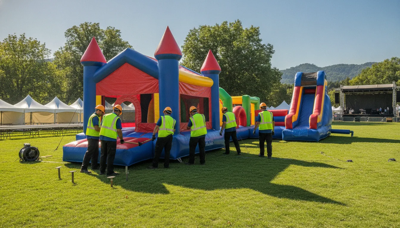 Inflatable rental crew inspecting and anchoring a large bounce house and obstacle course at an outdoor event