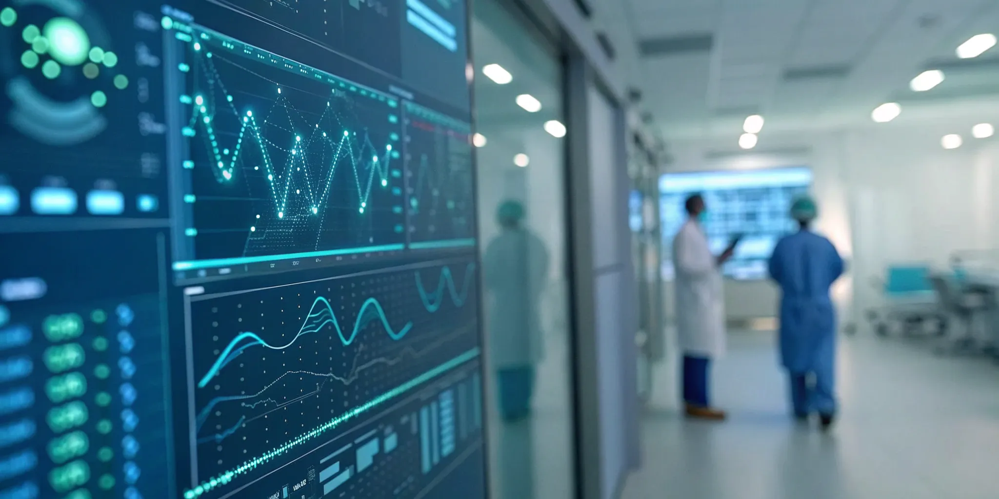Analytics from top healthcare data companies on a digital dashboard in a modern hospital.