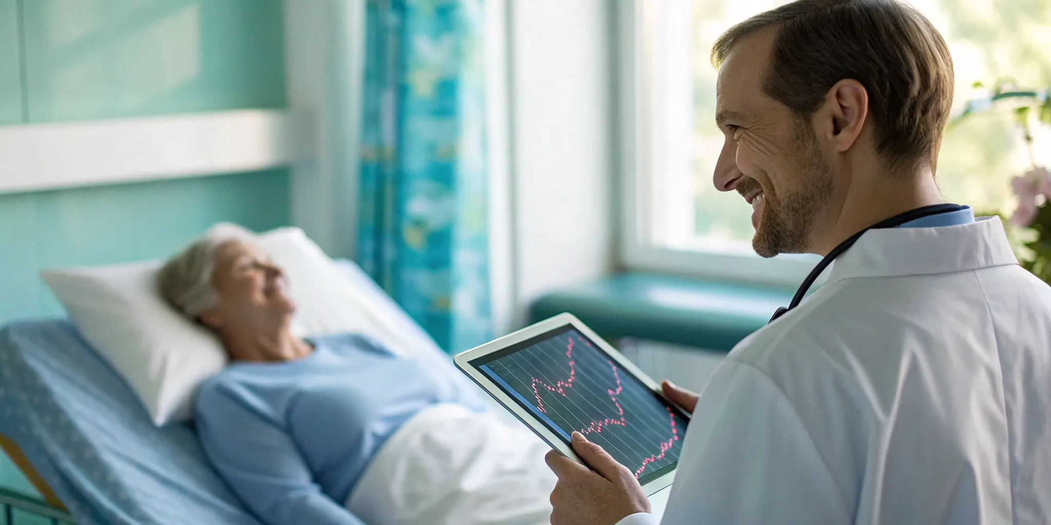 Doctor uses a tablet to review ACO performance analytics at a patient's bedside.