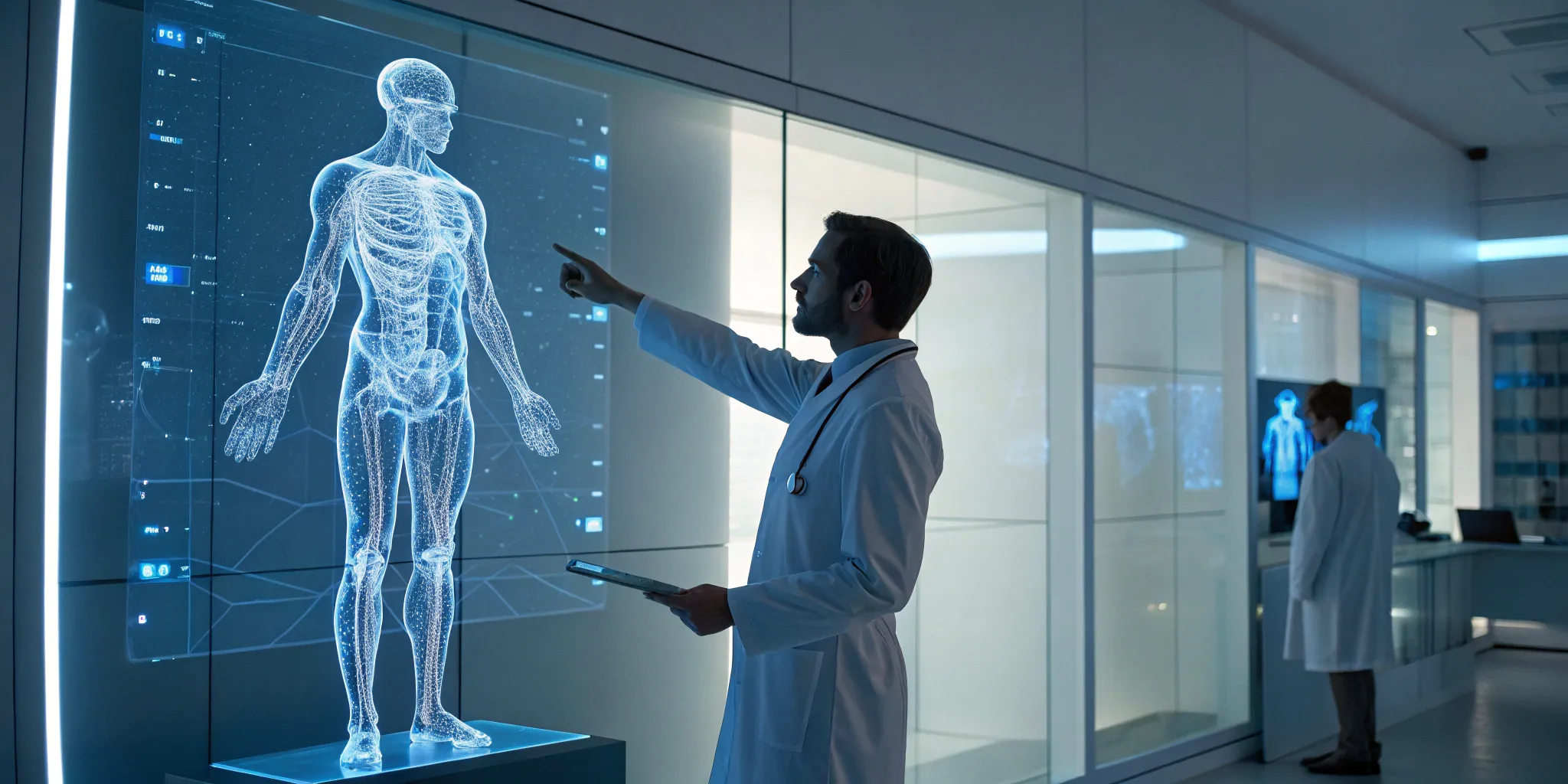 Doctor analyzes digital human anatomy on an AI clinical decision support system.