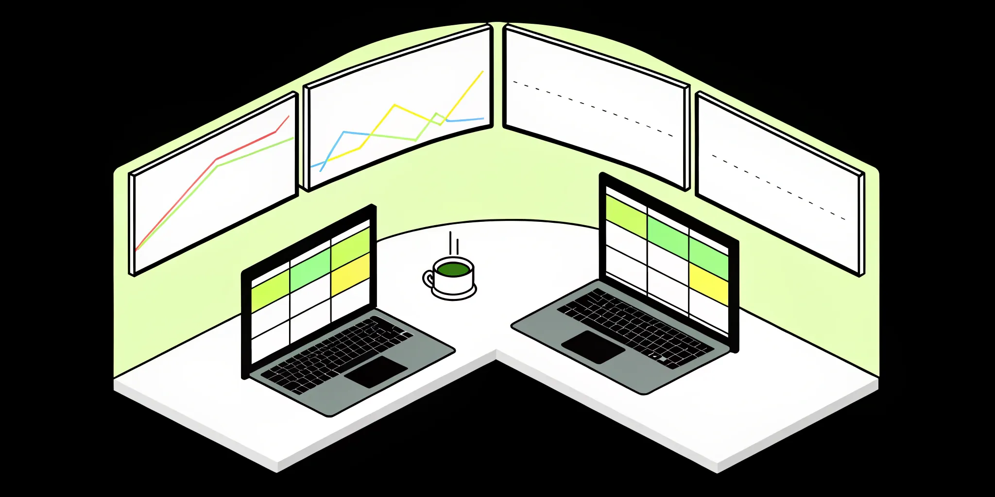 Time series data analysis charts on laptop screens.
