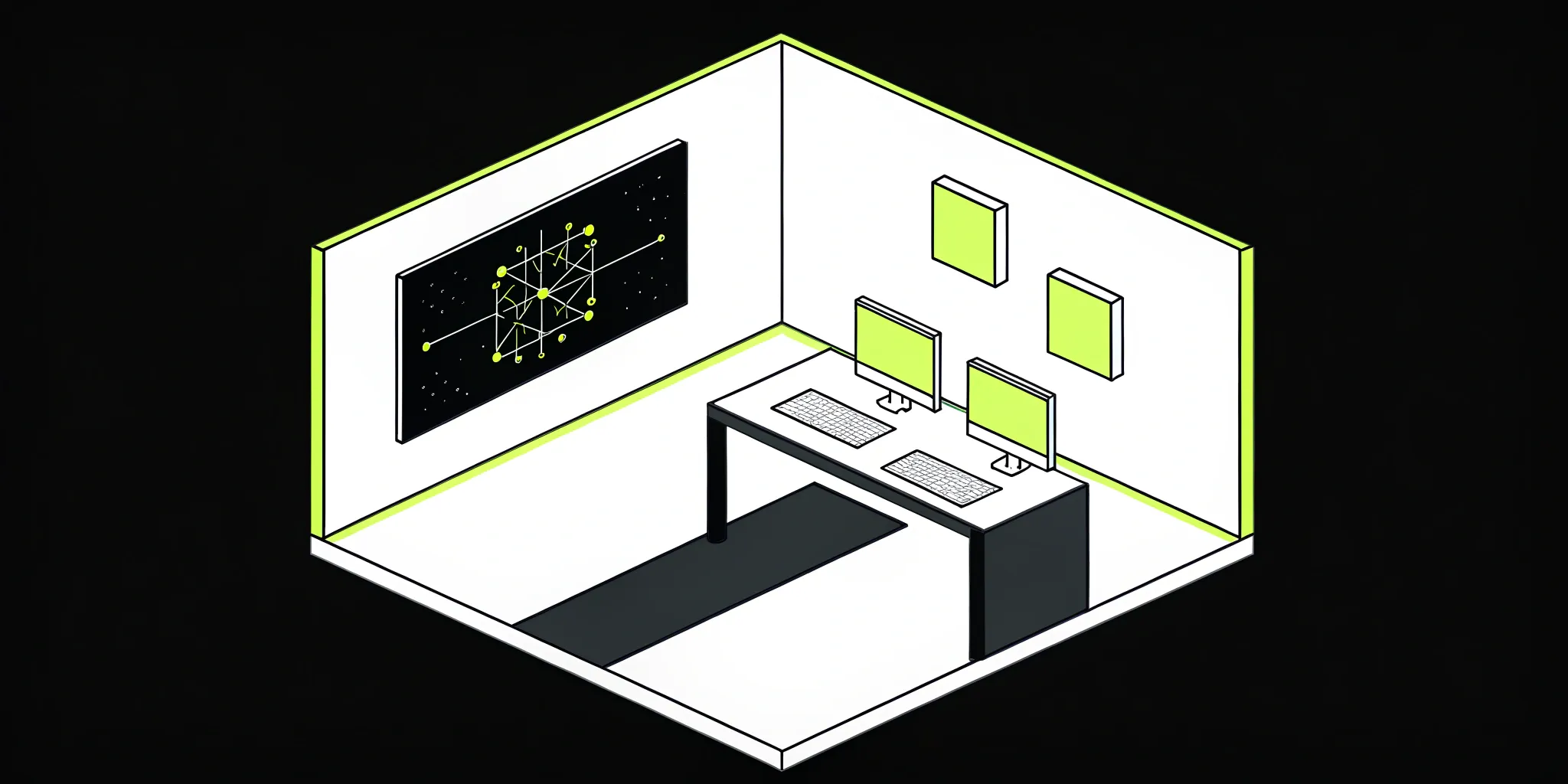 Custom AI SaaS solution development setup with dual monitors and keyboards.